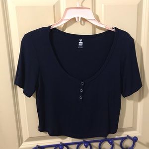 Me to We Ribbed Button Front Navy Blue Crop Top
